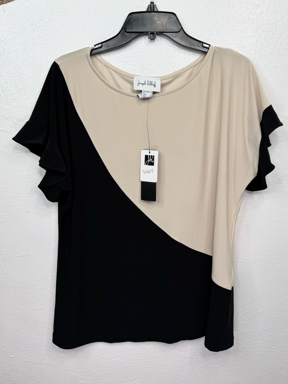 Joseph Ribkoff Blouse Womens Size 10 Black Moonstone Colorblock Ruffle Sleeve